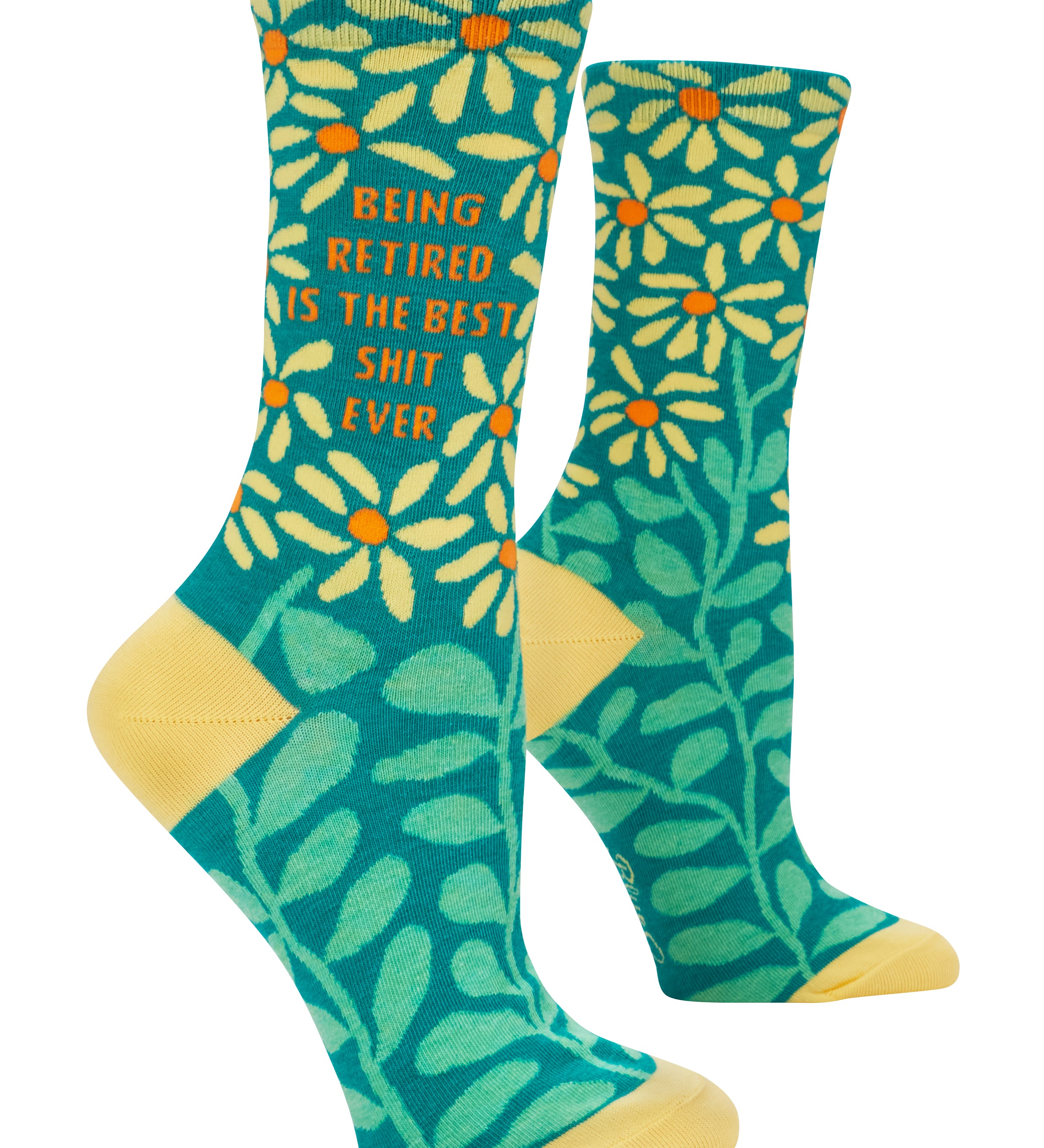 Blue Q crew socks, Retired is Best Shit, featuring a humorous graphic design and bold typography, available at Be Charmed