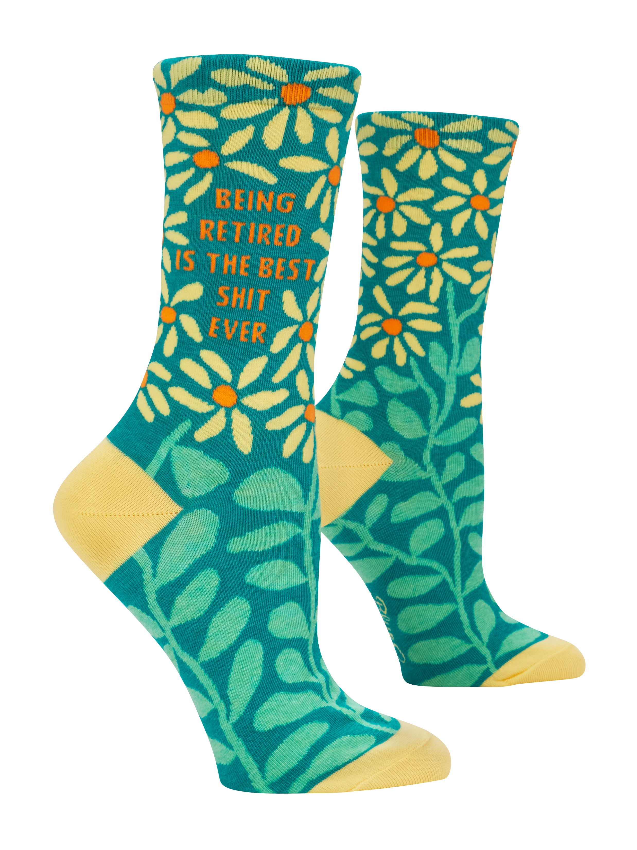 Blue Q crew socks, Retired is Best Shit, featuring a humorous graphic design and bold typography, available at Be Charmed