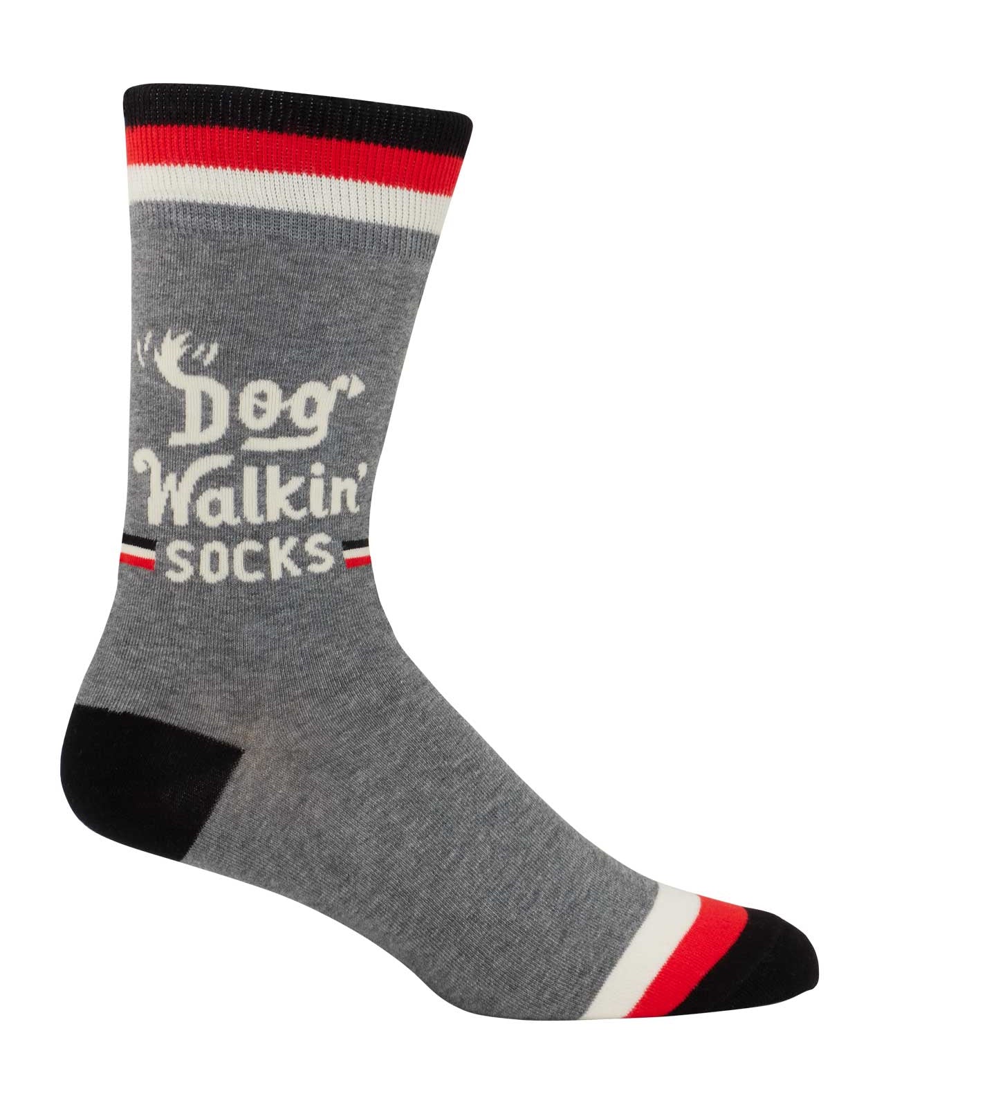 Blue Q Dog Walkin' men's crew socks featuring an illustrated graphic design of dogs and owners, available at Be Charmed