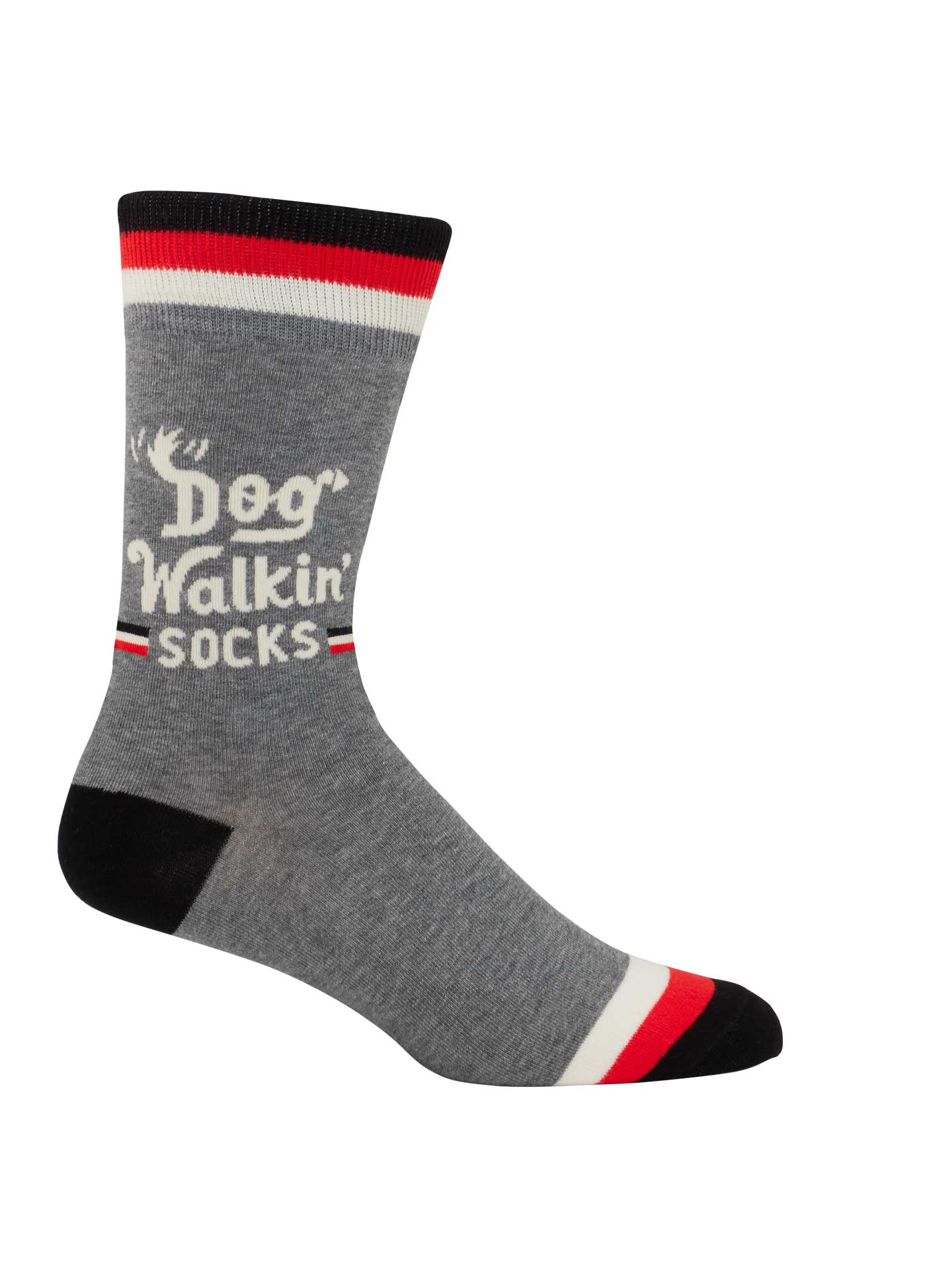 Blue Q Dog Walkin' men's crew socks featuring an illustrated graphic design of dogs and owners, available at Be Charmed