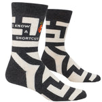 Blue Q Men's Crew Socks, I Know a Shortcut, featuring a humorous graphic design with bold typography, available at Be Charmed
