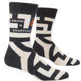 Blue Q Men's Crew Socks, I Know a Shortcut, featuring a humorous graphic design with bold typography, available at Be Charmed