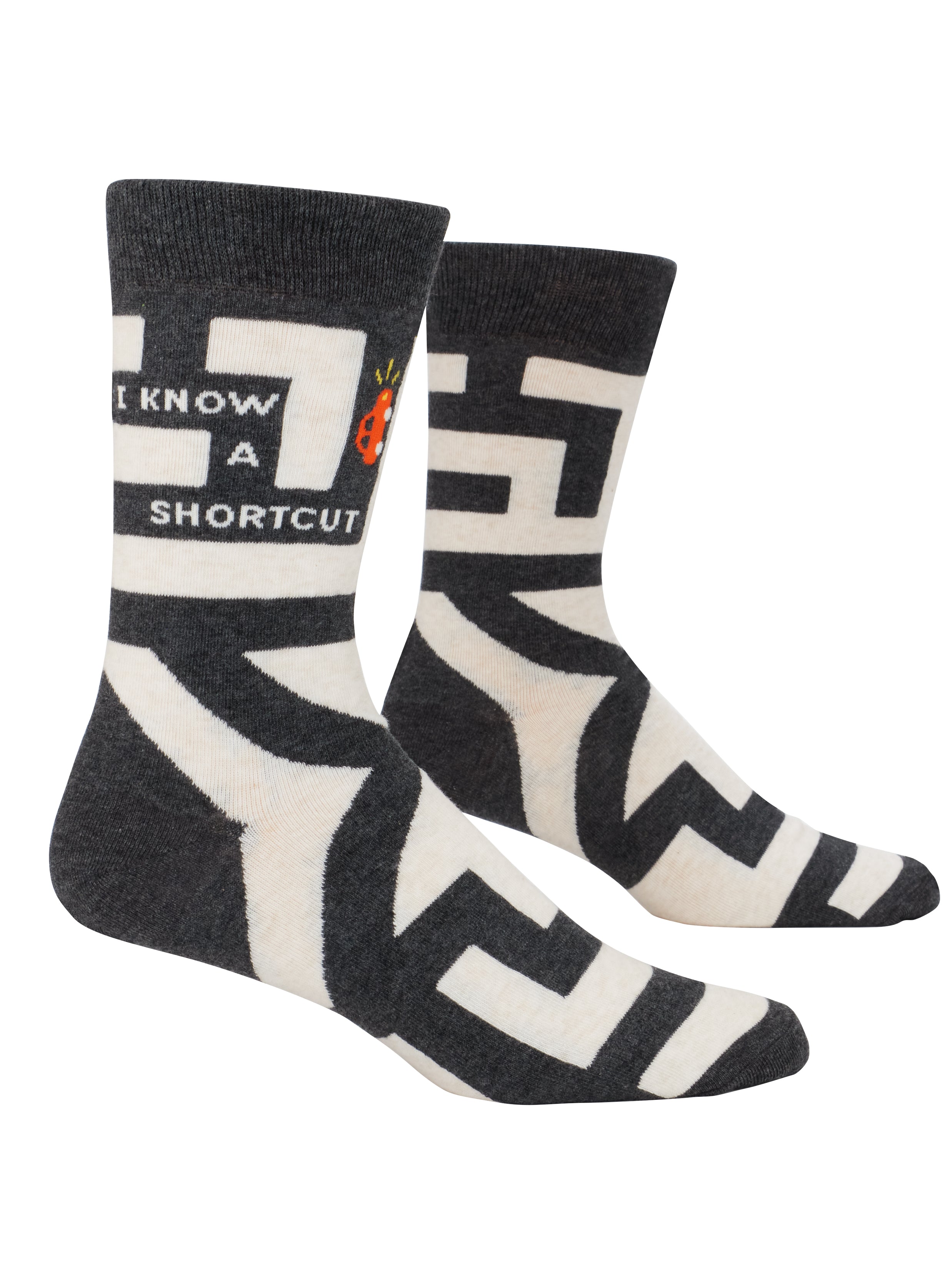 Blue Q Men's Crew Socks, I Know a Shortcut, featuring a humorous graphic design with bold typography, available at Be Charmed