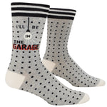 Blue Q I'll Be in the Garage men's crew socks featuring a bold typography design, available at Be Charmed