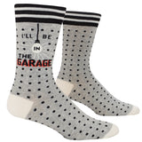 Blue Q I'll Be in the Garage men's crew socks featuring a bold typography design, available at Be Charmed