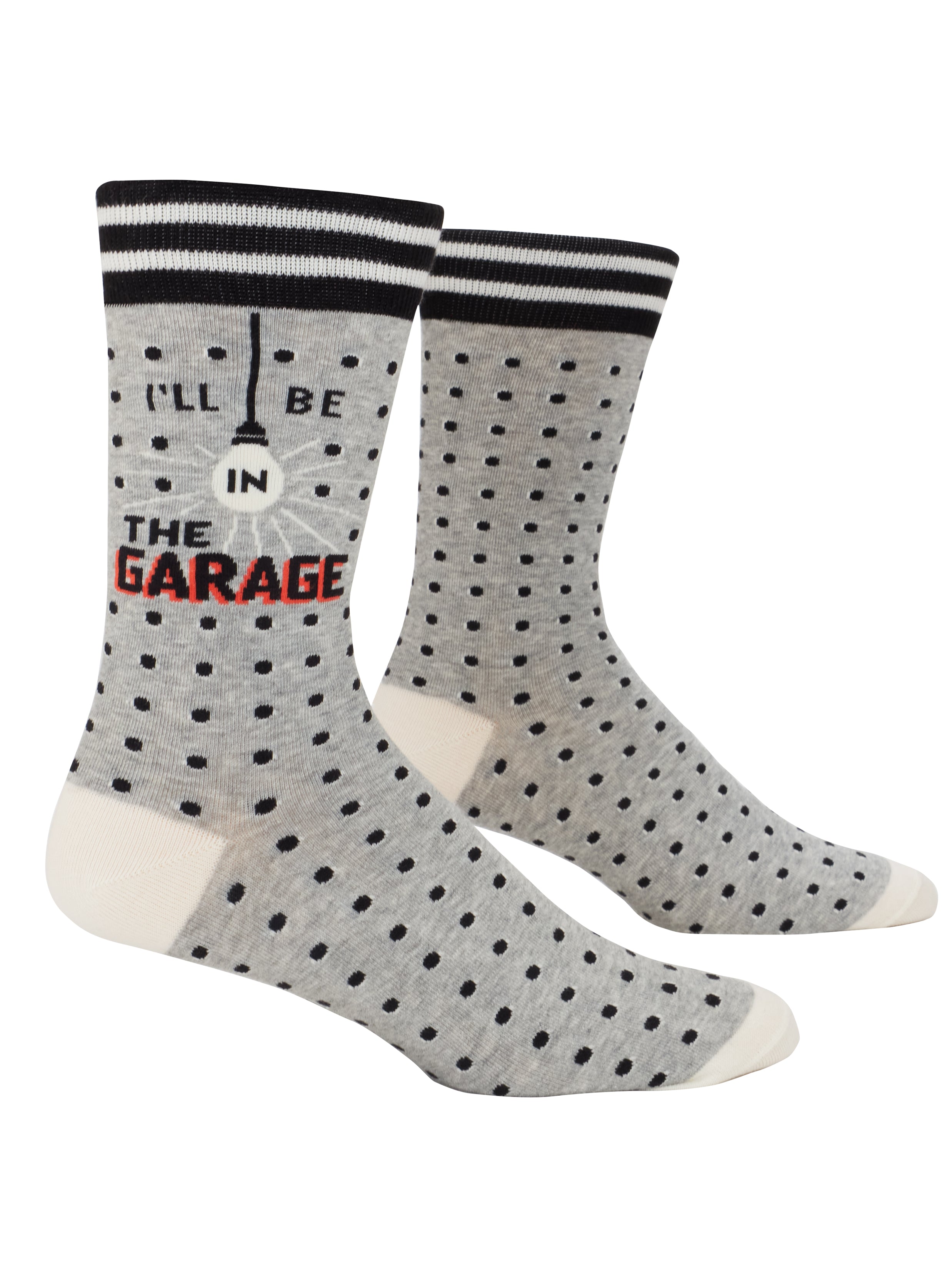 Blue Q I'll Be in the Garage men's crew socks featuring a bold typography design, available at Be Charmed