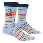 Blue Q Really Loud Sneeze men's crew socks featuring a humorous graphic design with bold typography, available at Be Charmed