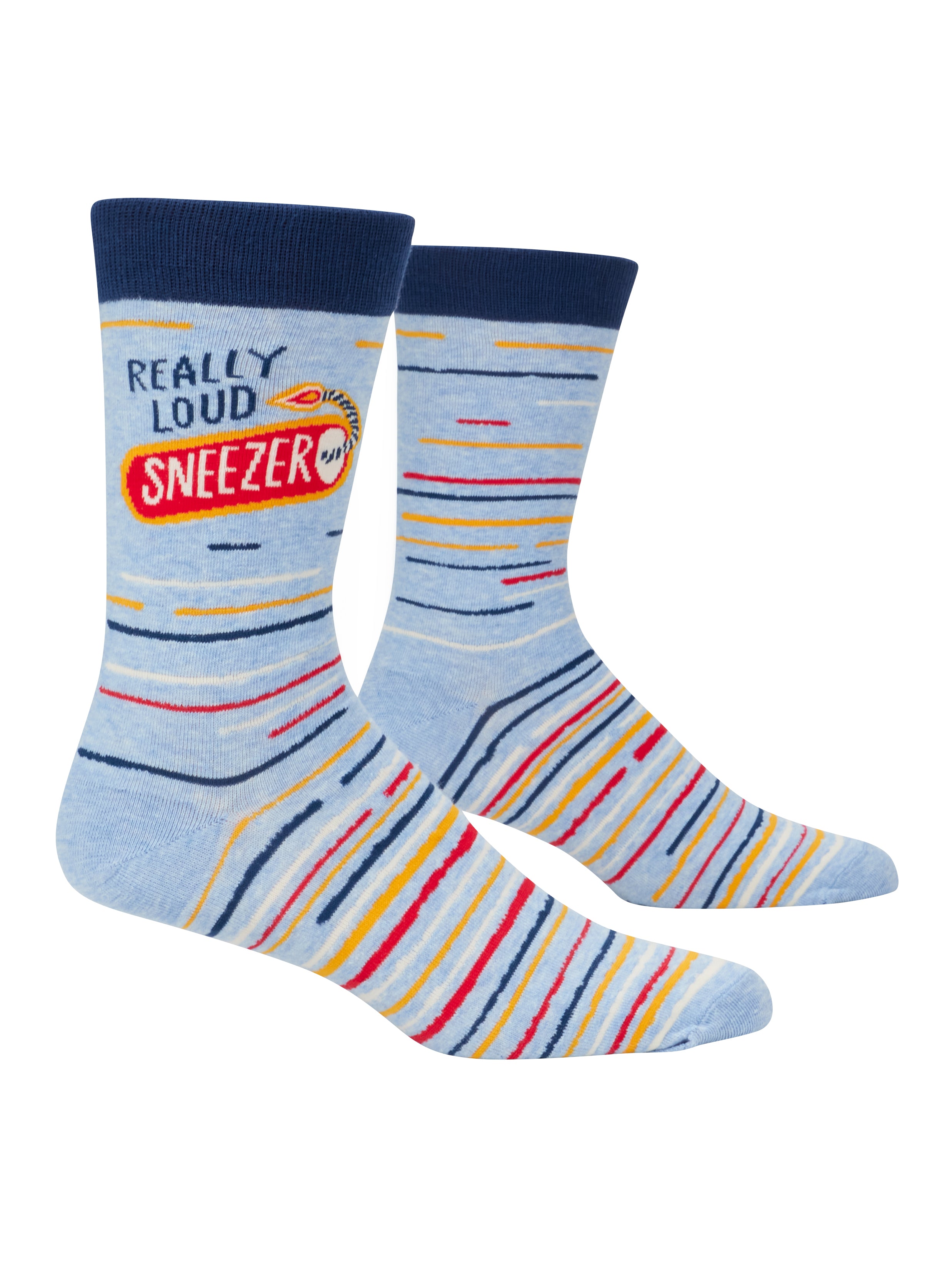Blue Q Really Loud Sneeze men's crew socks featuring a humorous graphic design with bold typography, available at Be Charmed