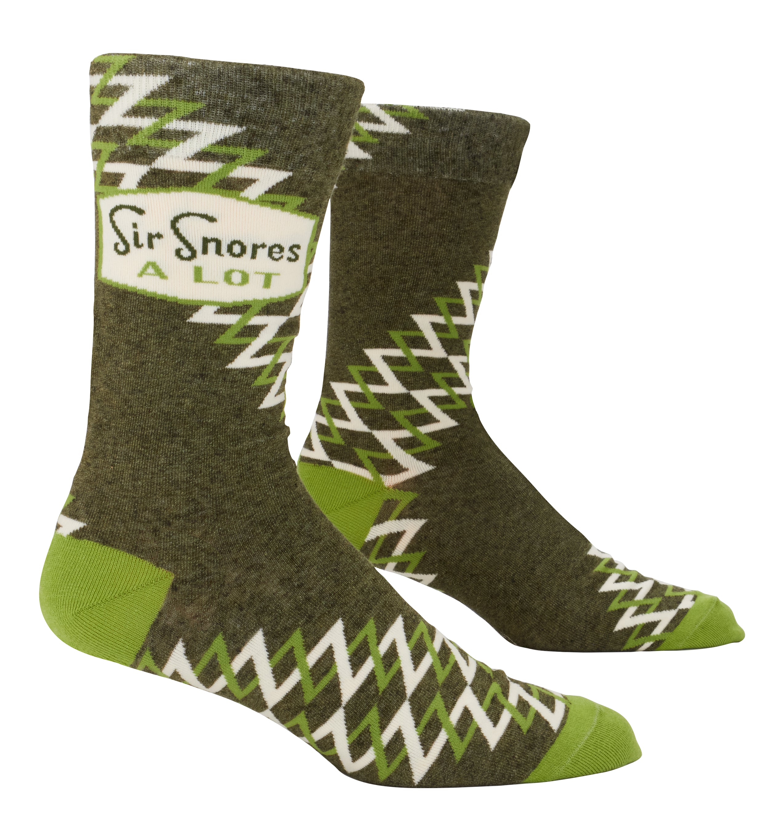 Blue Q Sir Snores A Lot men's crew socks featuring a humorous graphic design, available at Be Charmed