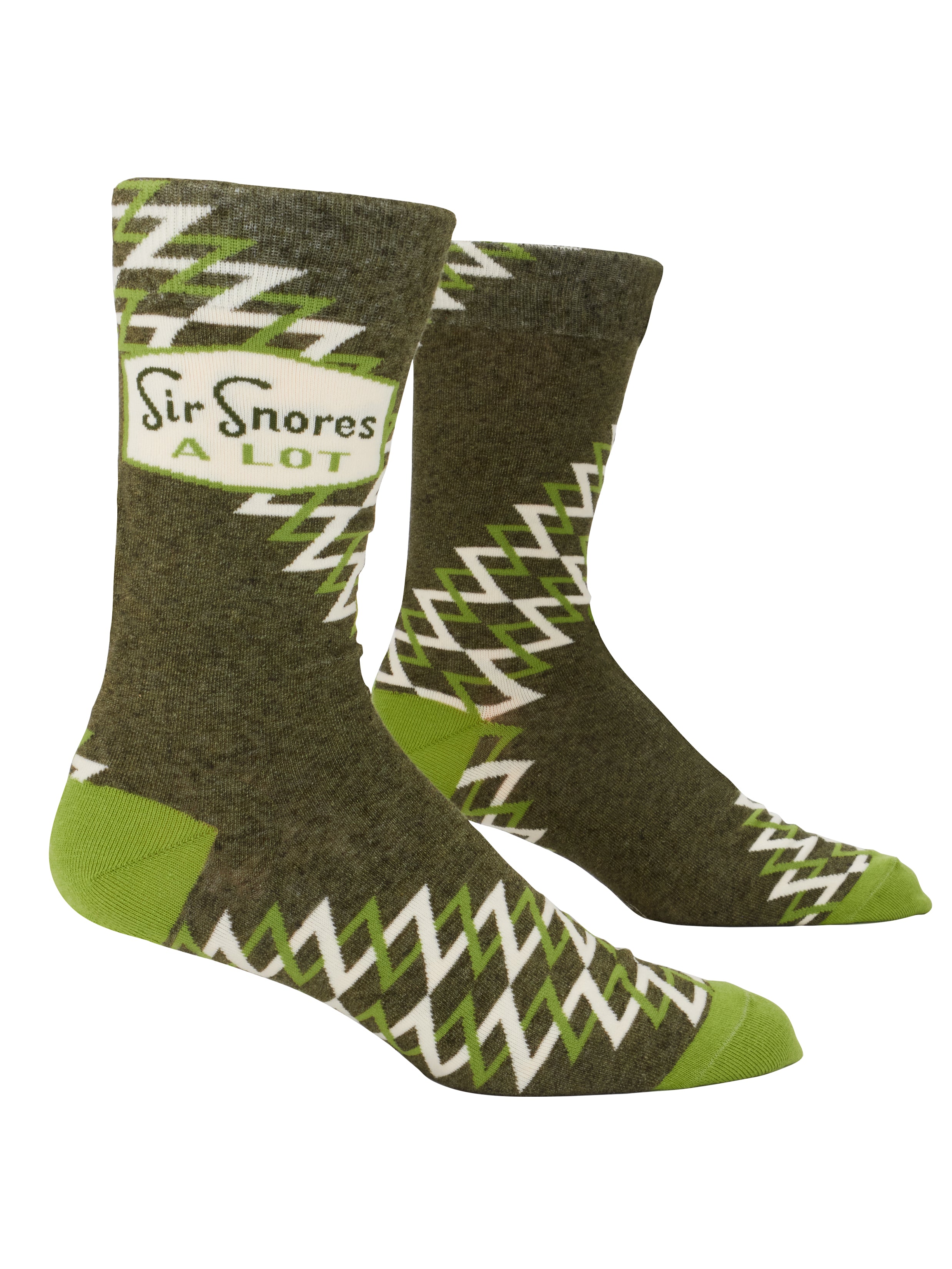 Blue Q Sir Snores A Lot men's crew socks featuring a humorous graphic design, available at Be Charmed