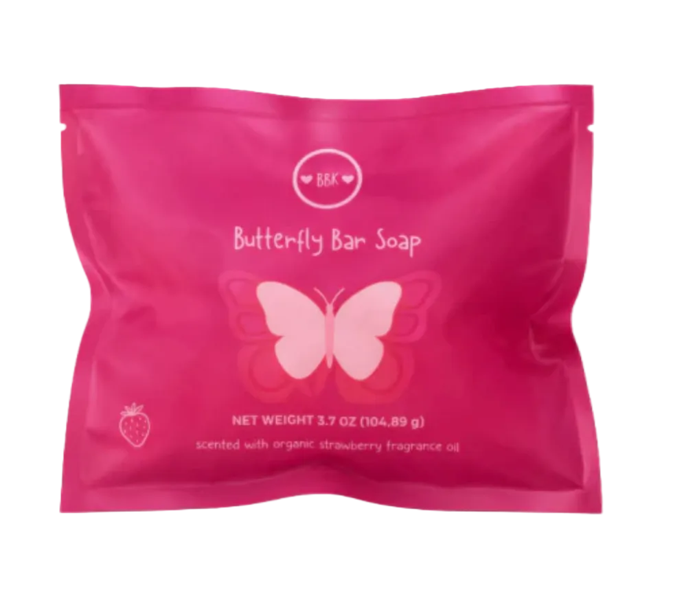 Pink packaging of Butterfly Bar Soap with butterfly design on a white background. Available at Be Charmed