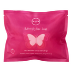 Pink packaging of Butterfly Bar Soap with butterfly design on a white background. Available at Be Charmed