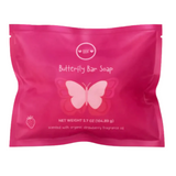 Pink packaging of Butterfly Bar Soap with butterfly design on a white background. Available at Be Charmed