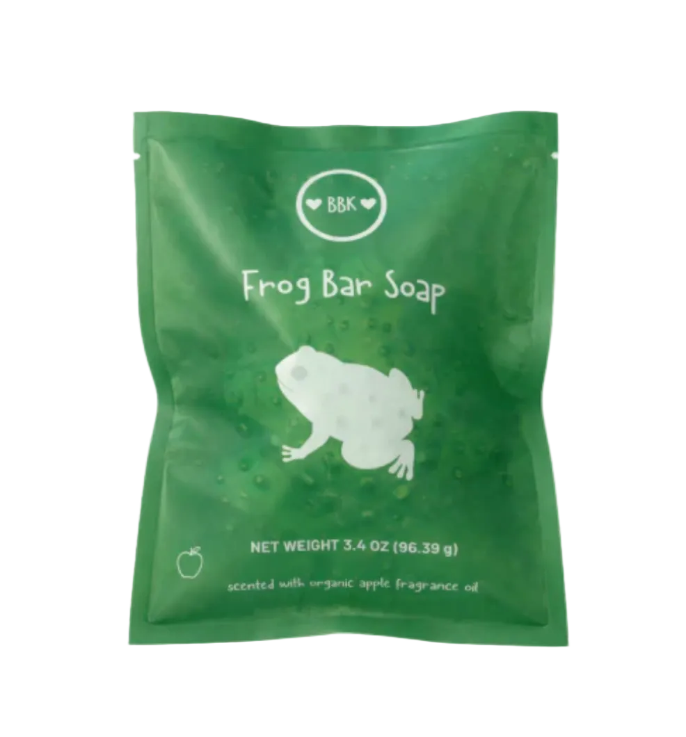 Green packaging of Frog Bar Soap with a white frog illustration and BBK branding. Available at Be Charmed