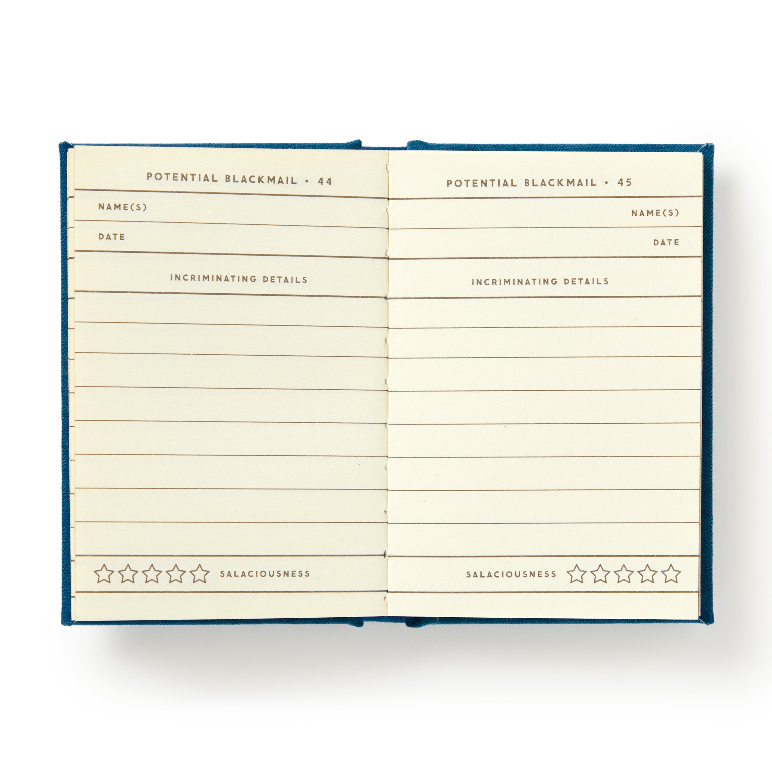 Open notebook with lined pages titled 'Potential Blackmail' on a white background. Available at Be Charmed