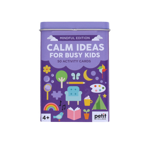 Purple tin with 'Calm Ideas for Busy Kids' on a white background. Available at Be Charmed