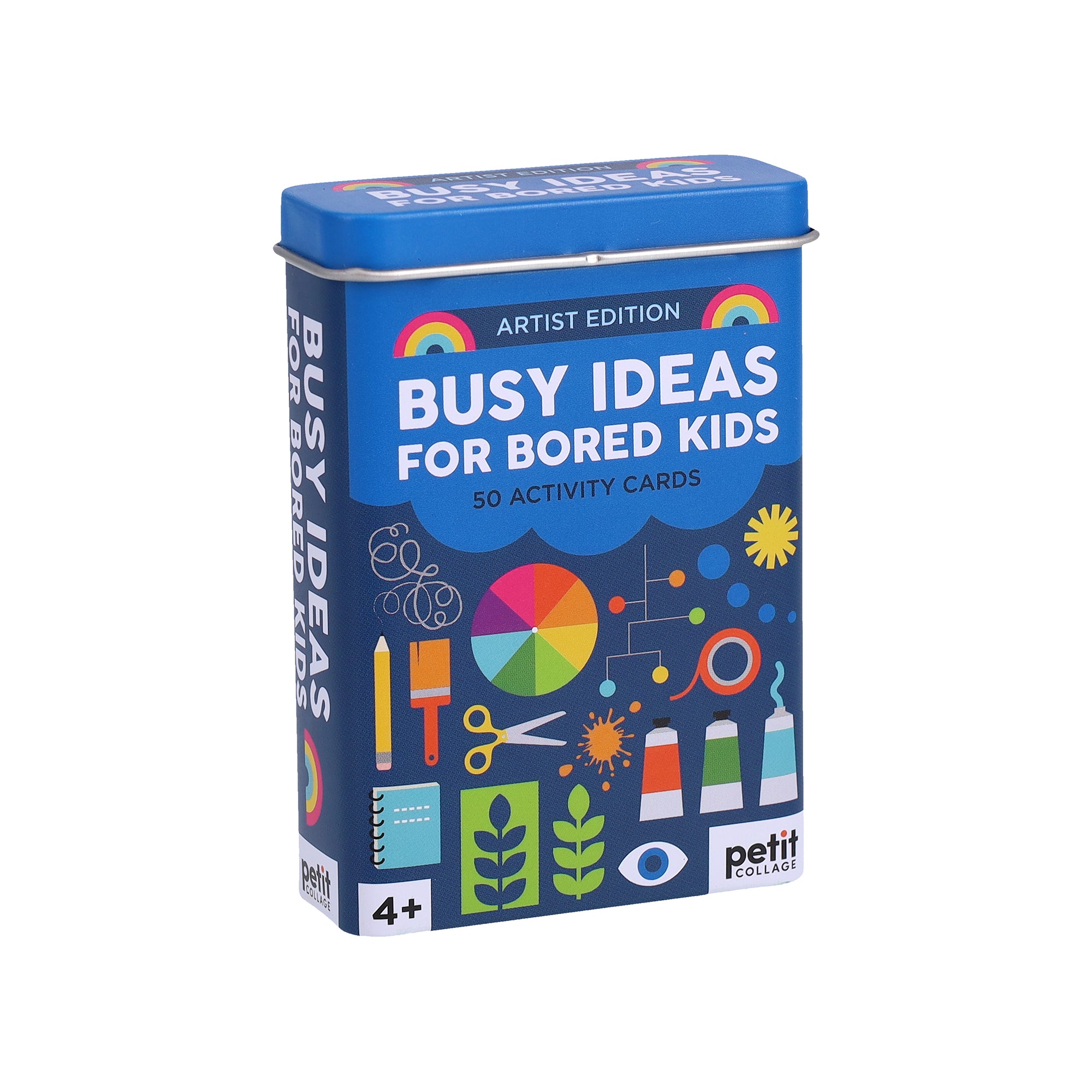 Box of 'Busy Ideas for Bored Kids' artist activity cards with colorful design on a white background. Available at Be Charmed