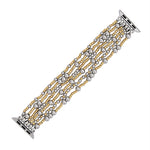 Multistrand beaded watch band with gold and silver beads on a white background