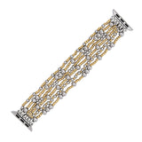 Multistrand beaded watch band with gold and silver beads on a white background