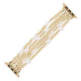 Pearl watch band with gold metal clasp on a white background