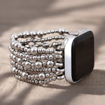 Cape Diablo Platinum Demure Stretch Apple Watch Band – sleek platinum-tone stretch band for Apple Watch. Available at Be Charmed.