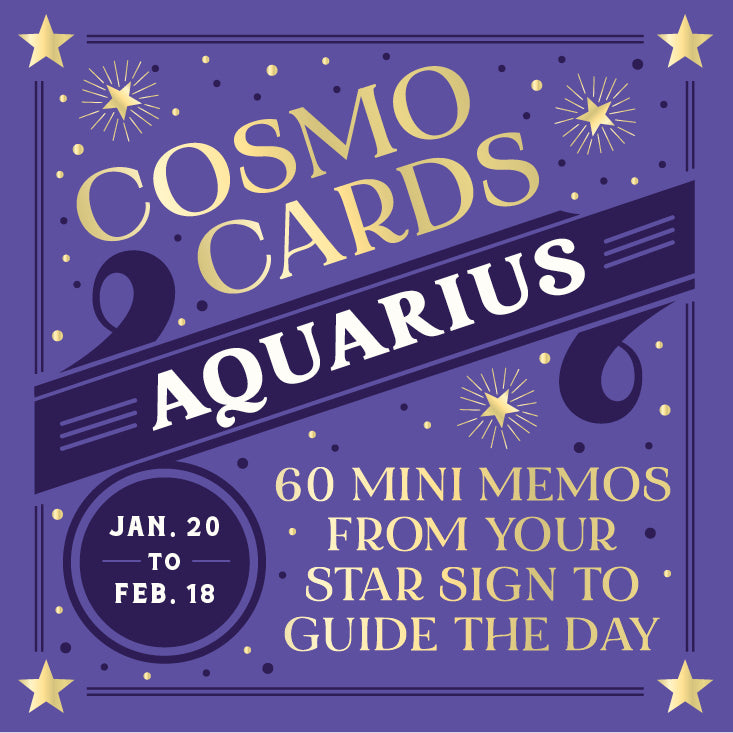 Cosmo Cards Aquarius book cover with purple background and yellow text. Available at Be Charmed