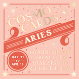 A pink and coral graphic card design for 'Cosmo Cards: Aries' featuring retro typography, star illustrations, and a diagonal banner reading 'Aries' with the text '60 Mini Memos from your Star Sign to Guide the Day'. Available at Be Charmed