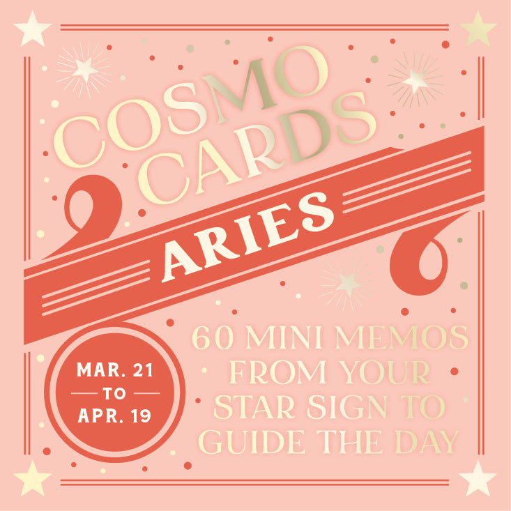 A pink and coral graphic card design for 'Cosmo Cards: Aries' featuring retro typography, star illustrations, and a diagonal banner reading 'Aries' with the text '60 Mini Memos from your Star Sign to Guide the Day'. Available at Be Charmed