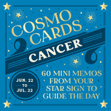 Cosmo Cards Cancer horoscope book cover with blue background and yellow text. Available at Be Charmed