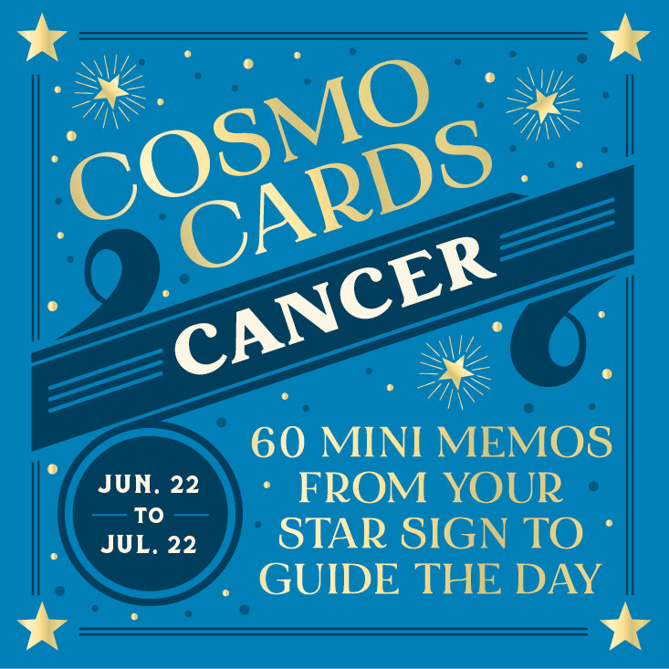 Cosmo Cards Cancer horoscope book cover with blue background and yellow text. Available at Be Charmed