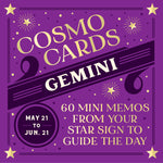 Cosmo Cards Gemini horoscope book cover with purple background and gold text. Available at Be Charmed