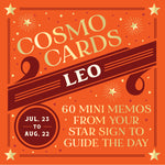 Cosmo Cards for Leo with star sign details on an orange background. Available at Be Charmed