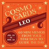 Cosmo Cards for Leo with star sign details on an orange background. Available at Be Charmed