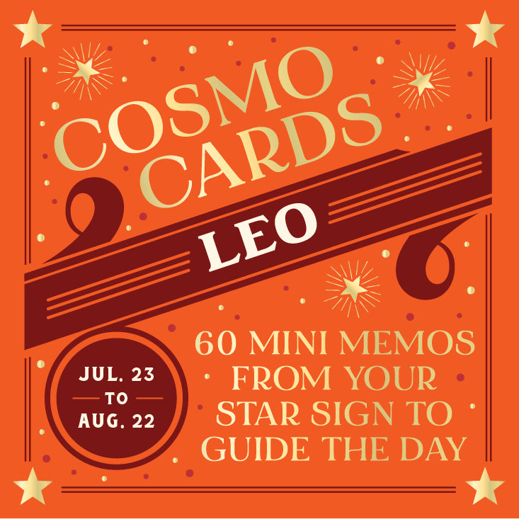 Cosmo Cards for Leo with star sign details on an orange background. Available at Be Charmed