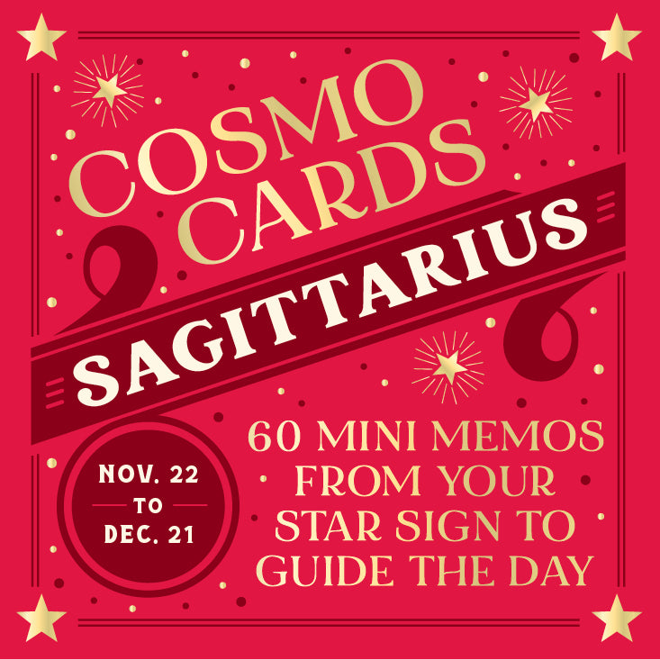 Cosmo Cards Sagittarius book cover with red background and gold text. Available at Be Charmed