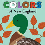 Children's book cover titled 'Colors of New England' by Amy Mullen, featuring a stylized mallard duck on a light aqua background with orange leaves and multicolored title lettering. Available at Be Charmed