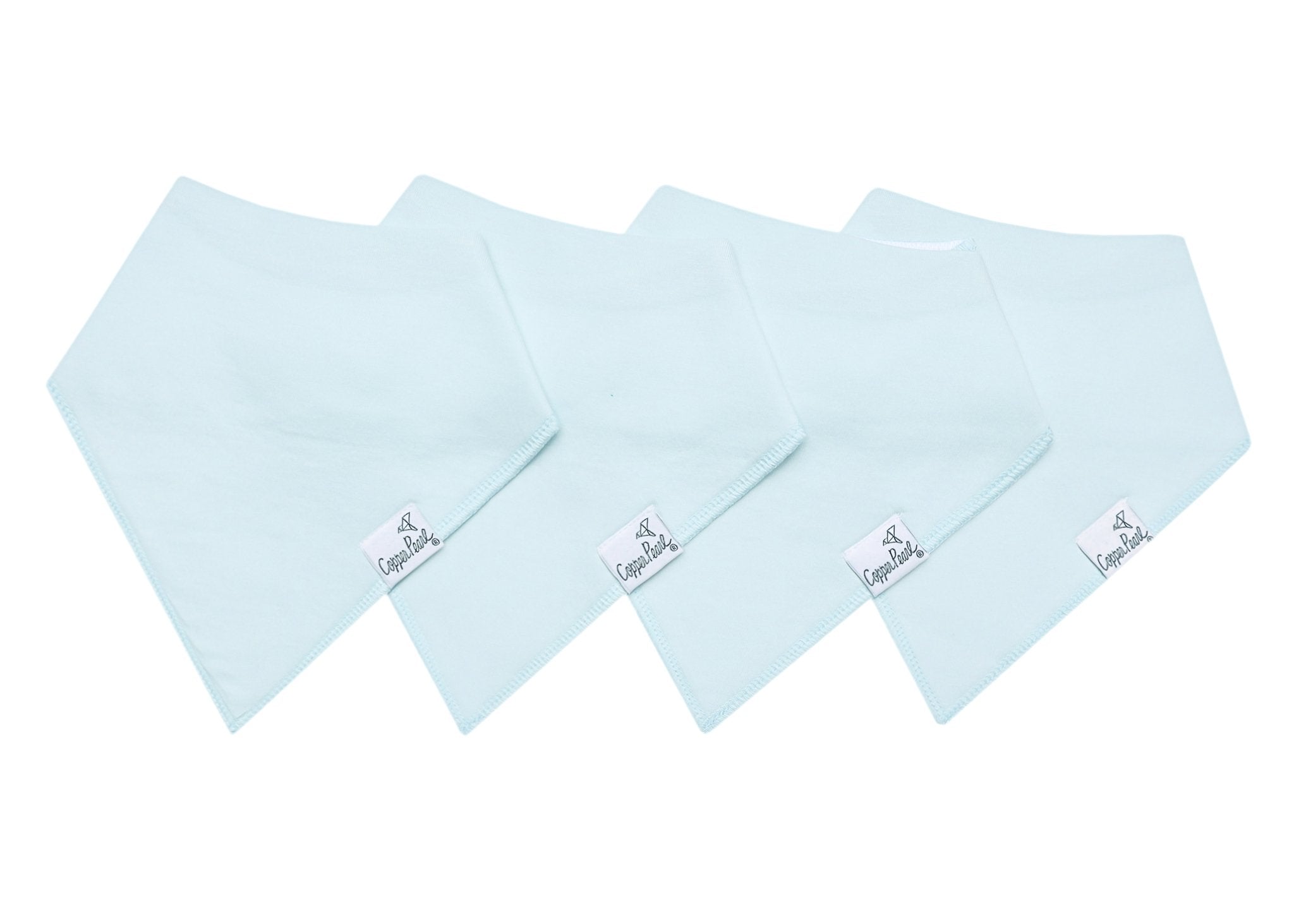 Four light blue baby bibs with a brand label on a white background. Available at Be Charmed