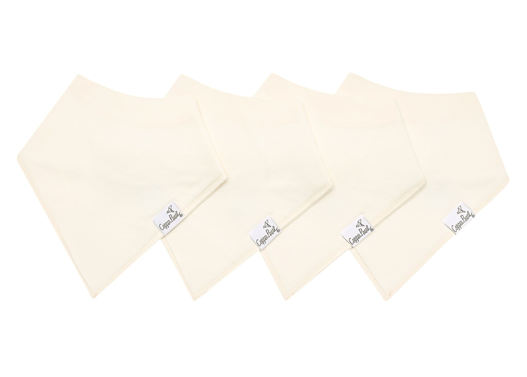 four beige bibs with a brand logo on a white background. Available at Be Charmed