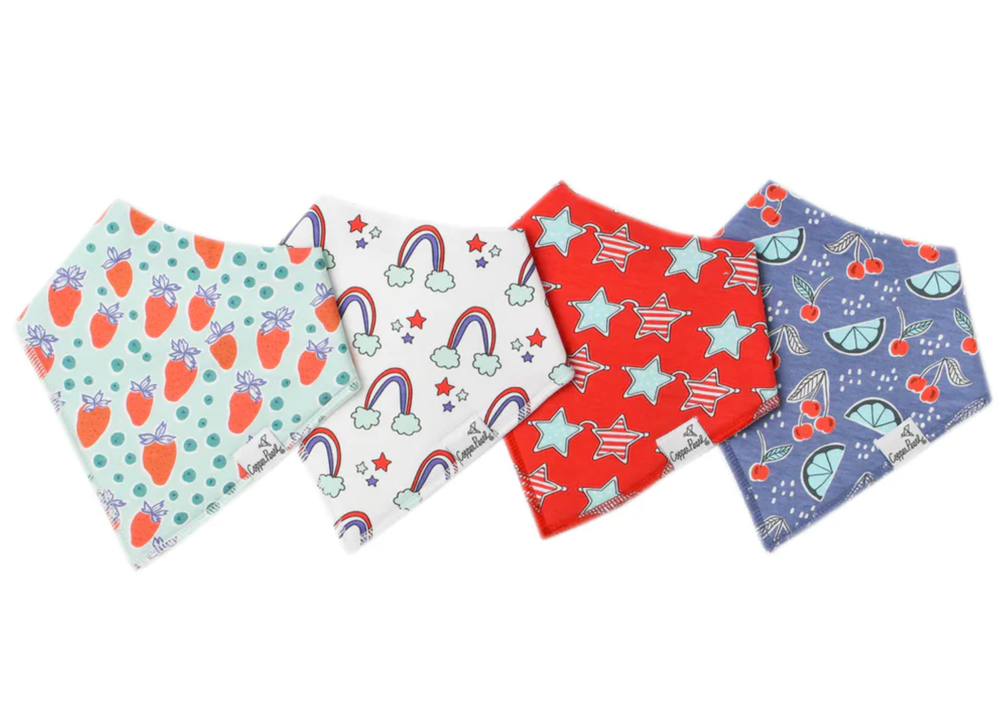 Four colorful bandana bibs with different patterns on a white background. Available at Be Charmed