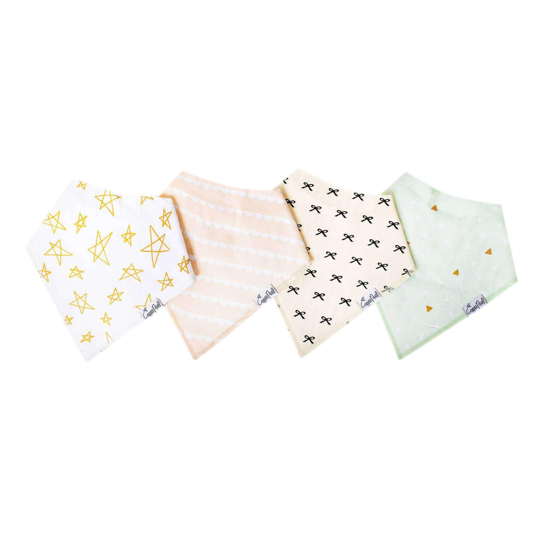 Four baby bibs with different patterns on a white background. Available at Be Charmed