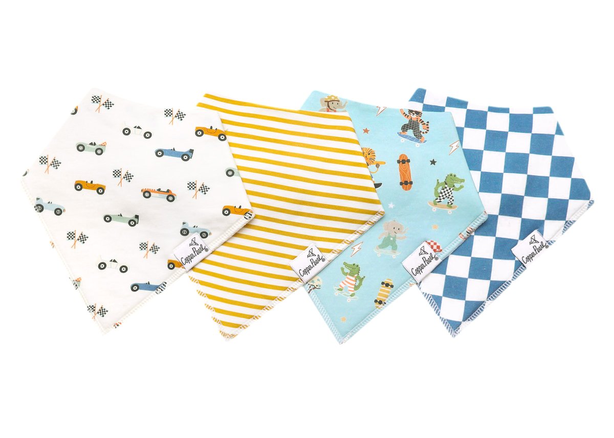 Four fabric swatches with different patterns on a white background. Available at Be Charmed