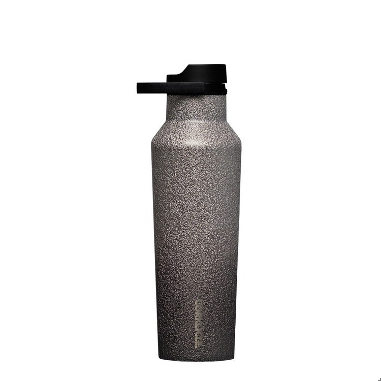 Corkcicle 20oz Sport Canteen in Steel Shadow – triple-insulated stainless steel bottle in sleek gray with a soft-touch finish, leakproof sport lid, and carry handle. Keeps drinks cold for 25 hours, available at Be Charmed.