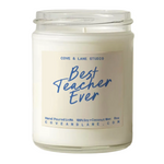 Candle jar labeled 'Best Teacher Ever' by Cove & Lane Studio on a white surface. Available at Be Charmed