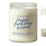 Cove & Lane Candle jar with 'Happy Birthday Wishes' label on a white background. Availble at Be Chamred