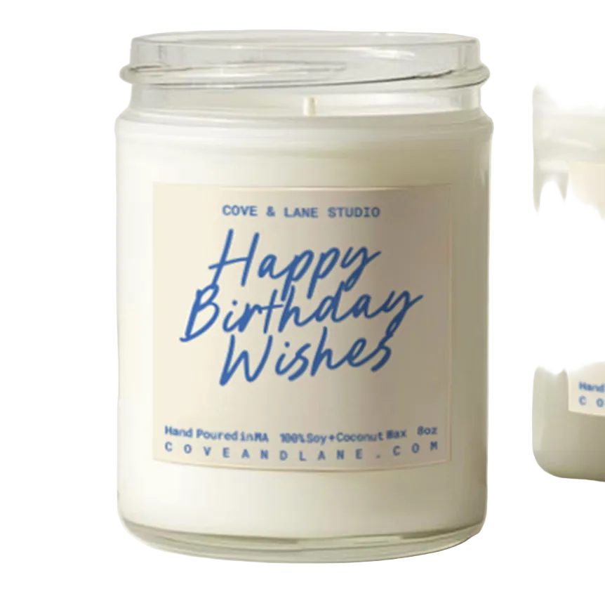 Cove & Lane Candle jar with 'Happy Birthday Wishes' label on a white background. Availble at Be Chamred