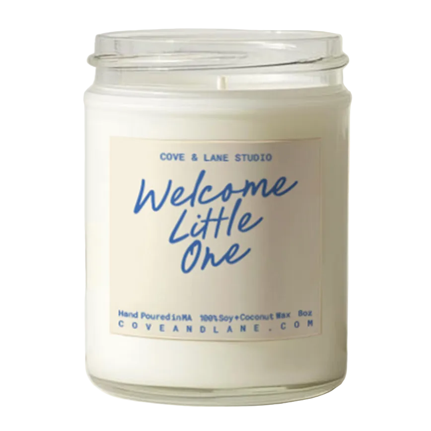 Cove & Lane Welcome Little One scented nursery candle and baby shower gift, available at Be Charmed.