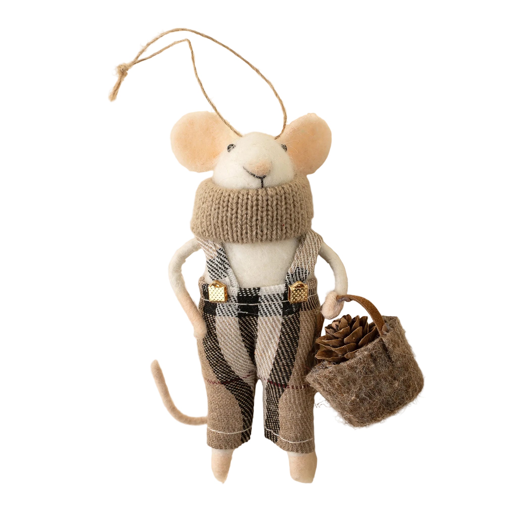 Decorative mouse ornament wearing a sweater, overalls, and holding a pine cone on a beige background. Available at Be Charmed
