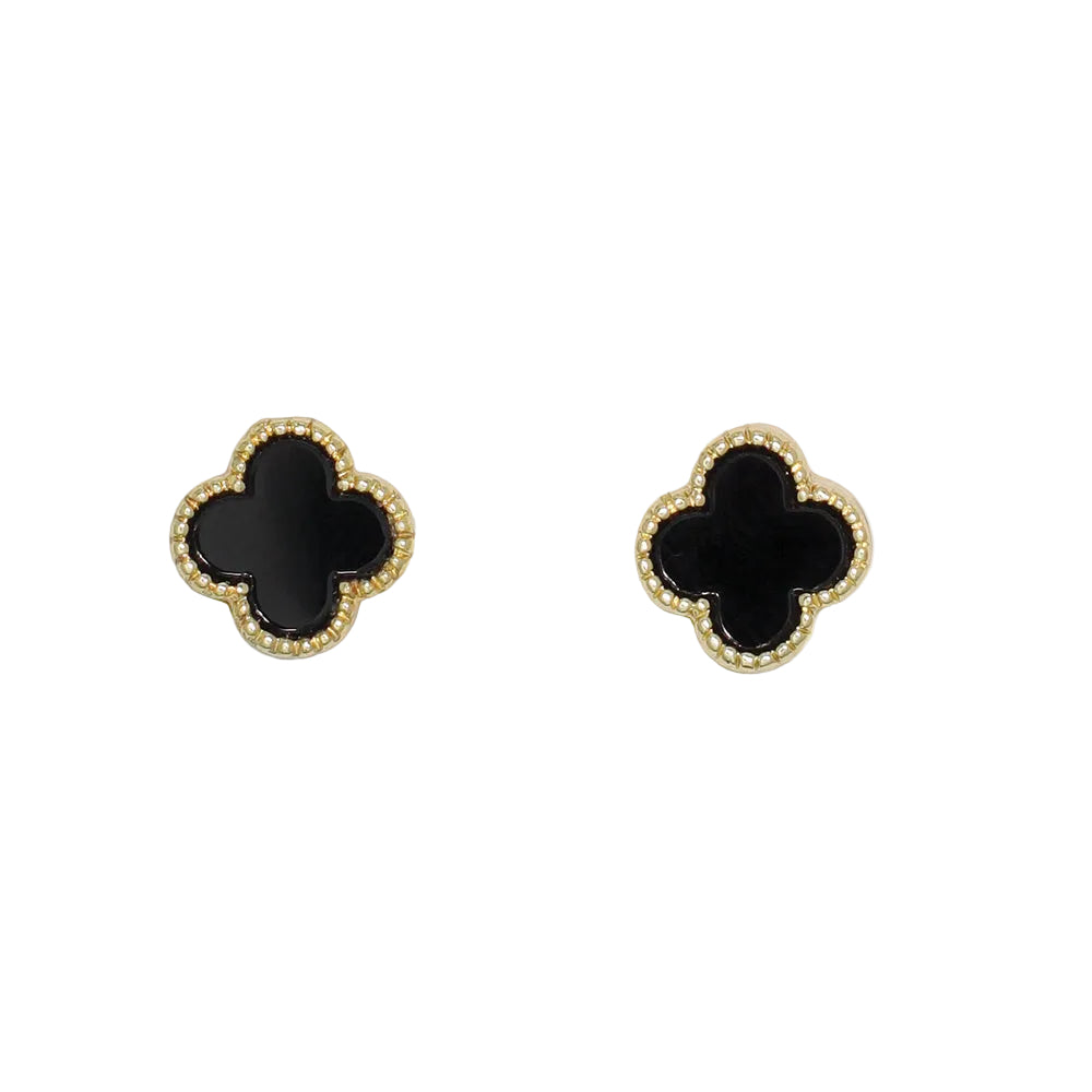 Cuties Black Clover in Gold earrings featuring a sleek black clover motif set in a polished gold frame, available at Be Charmed.