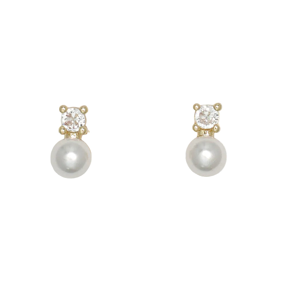 Cuties CZ & Pearls earrings featuring a sparkling cubic zirconia stone paired with a lustrous pearl drop, available at Be Charmed.