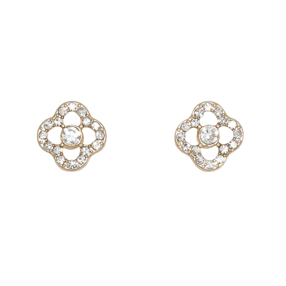 Cuties Open Crystal Clovers in Gold earrings featuring delicate open clover outlines encrusted with sparkling crystals in a polished gold finish, available at Be Charmed.